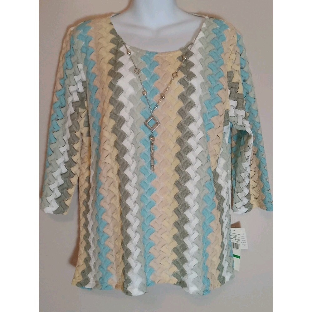 Alfred Dunner Multicolor Crochet Lined‎ Necklace 3/4 Sleeve Top Size PL